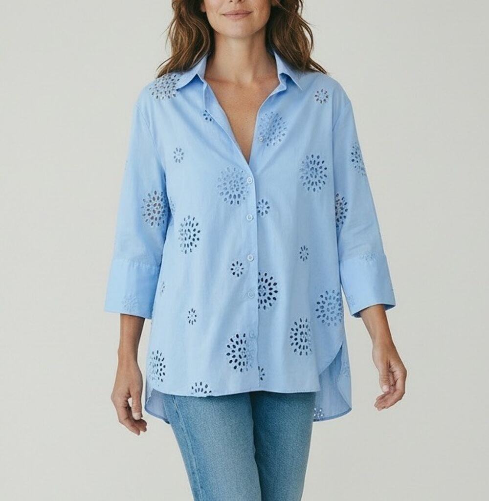 Zara Women's Shirt Cotton Blue Openwork Embroidered Botton Up Shirt Blouse XS